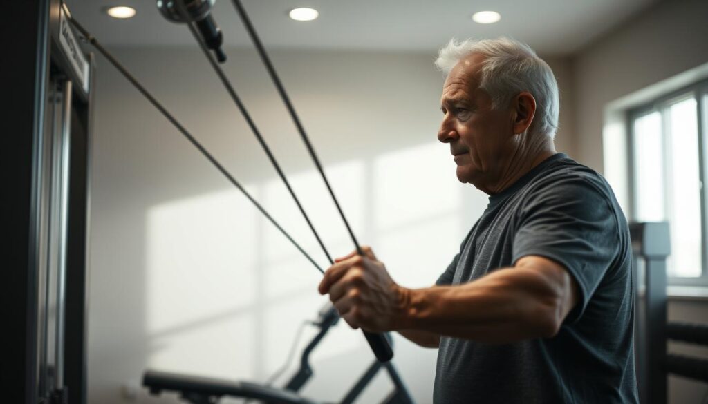 senior using cable machine for controlled movements
