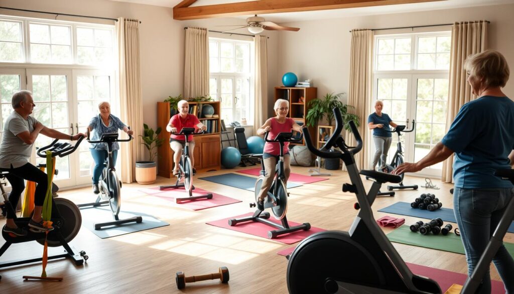 senior workout variety with bikes and bands