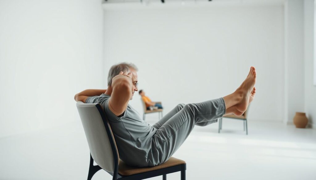 old man exercising his core muscles while sitting on a chair old man exercising his core muscles while sitting on a chair